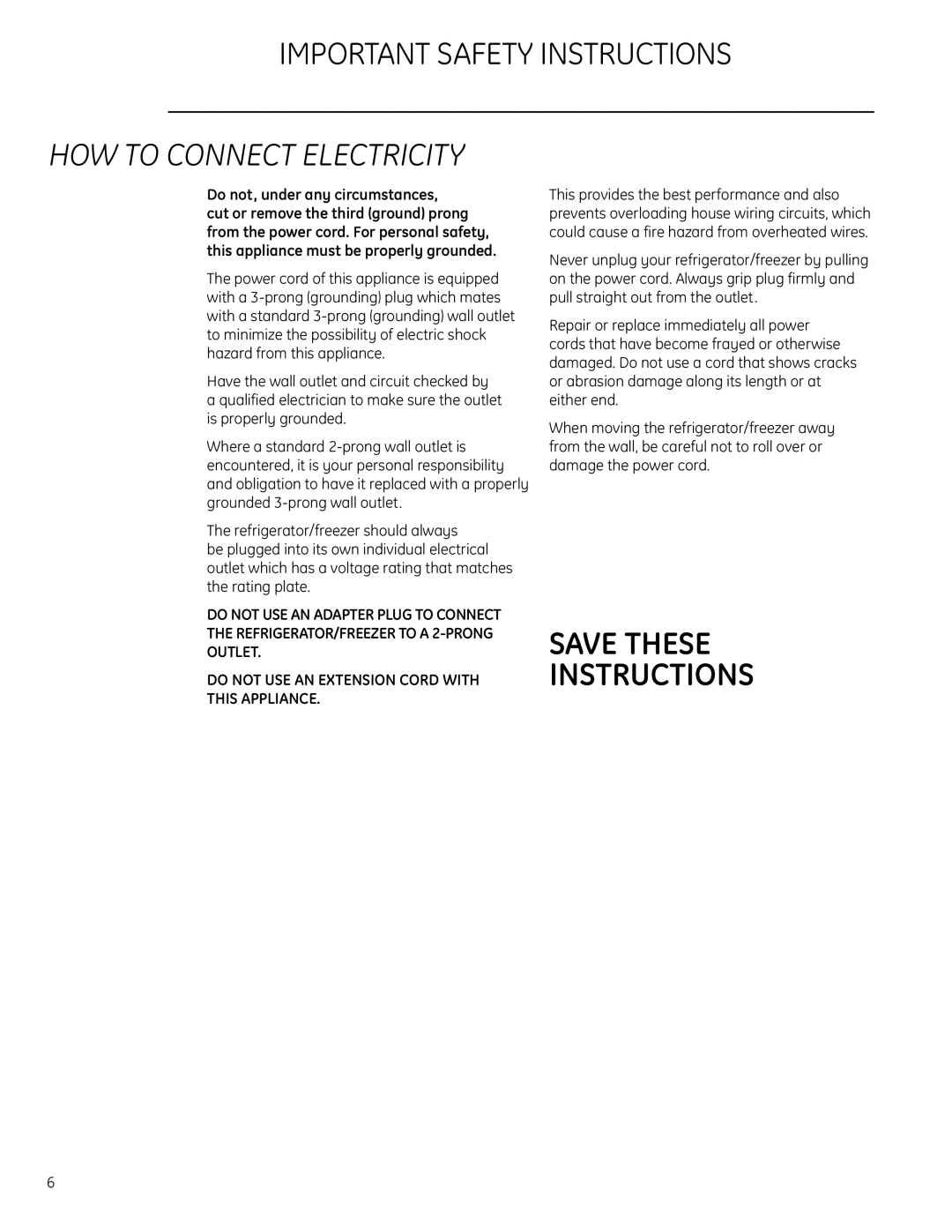 GE Monogram All-Refrigerators and All-Freezers owner manual Save These Instructions, Important Safety Instructions 