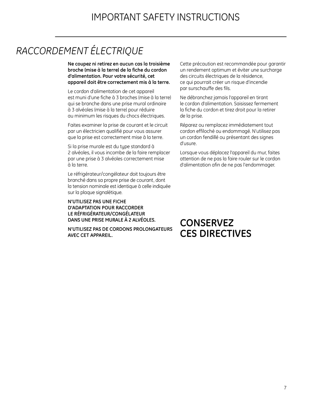 GE Monogram All-Refrigerators and All-Freezers owner manual Raccordement Électrique, Conservez Ces Directives 