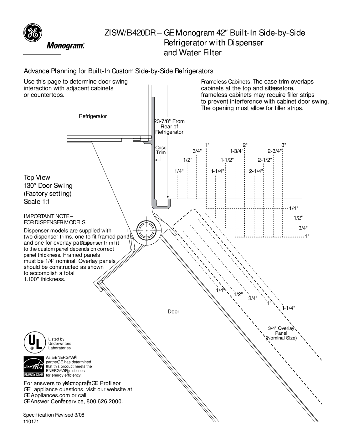 GE Monogram B420DR dimensions Use this page to determine door swing, Interaction with adjacent cabinets, Or countertops 