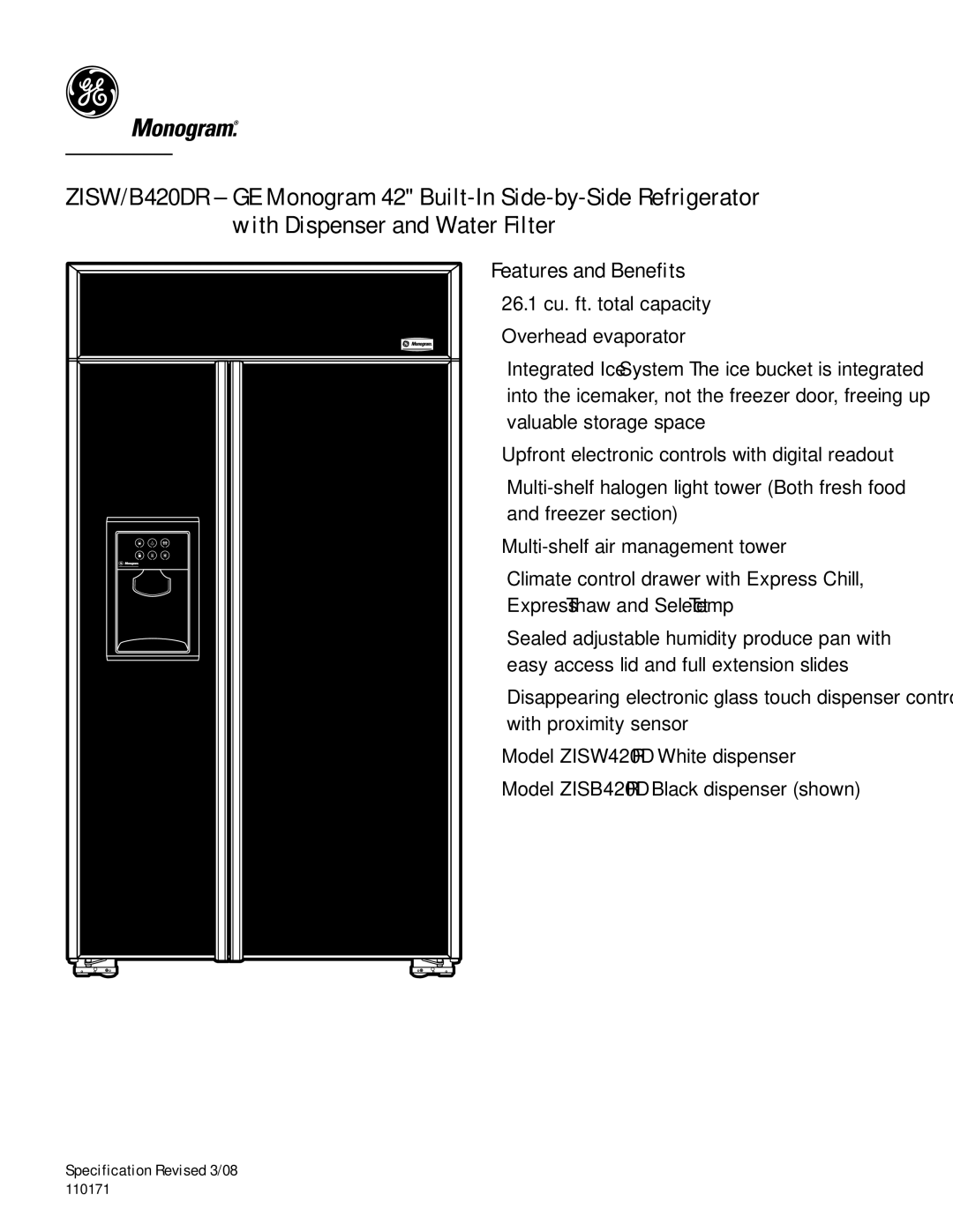 GE Monogram B420DR dimensions Features and Benefits 