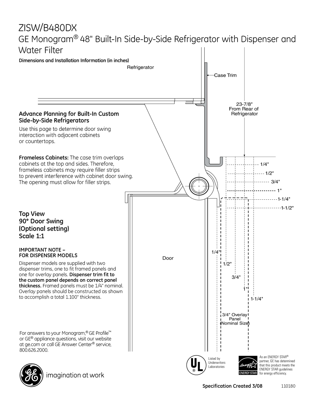 GE Monogram B480DX, ZISW dimensions Top View Door Swing Optional setting Scale, Or countertops 