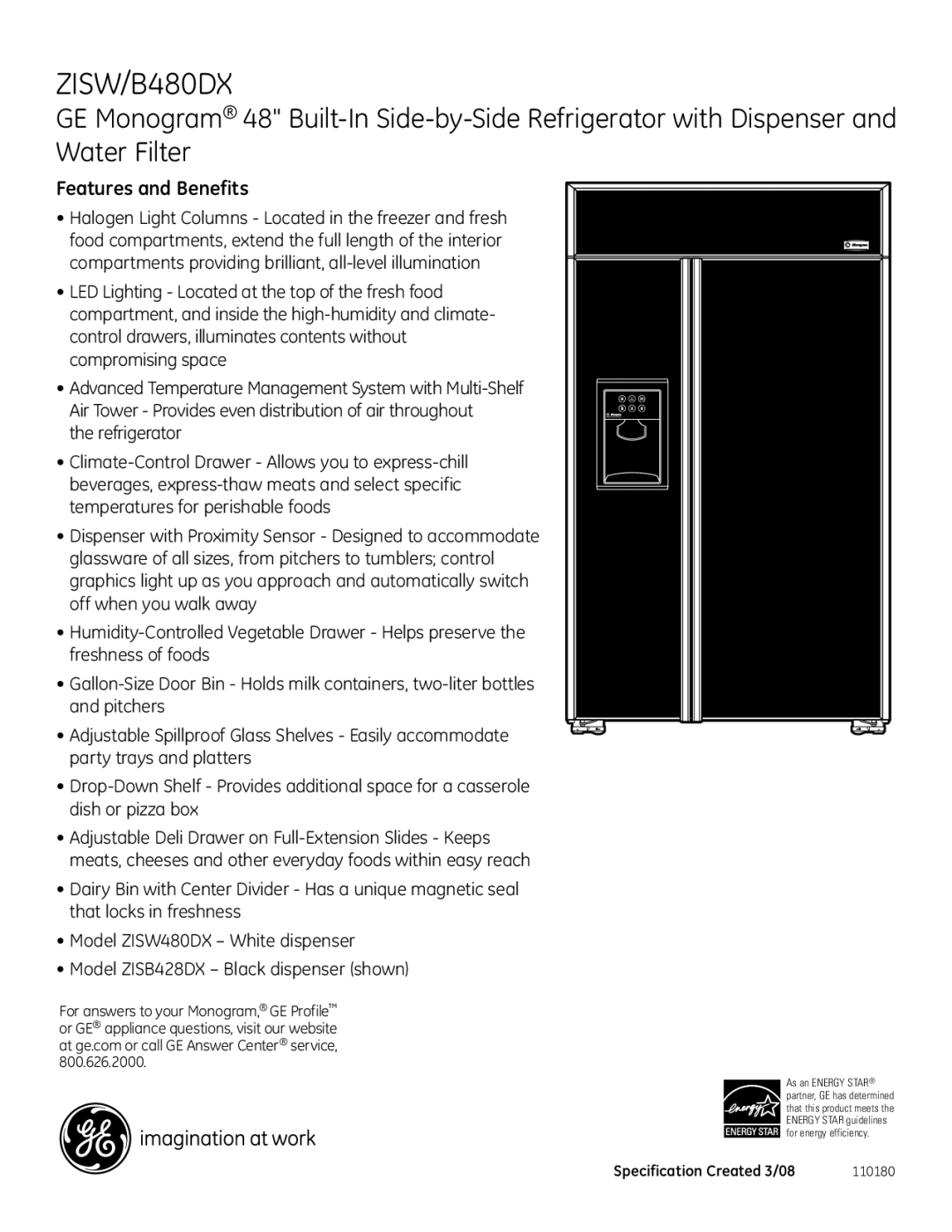 GE Monogram ZISW, B480DX dimensions Features and Benefits 