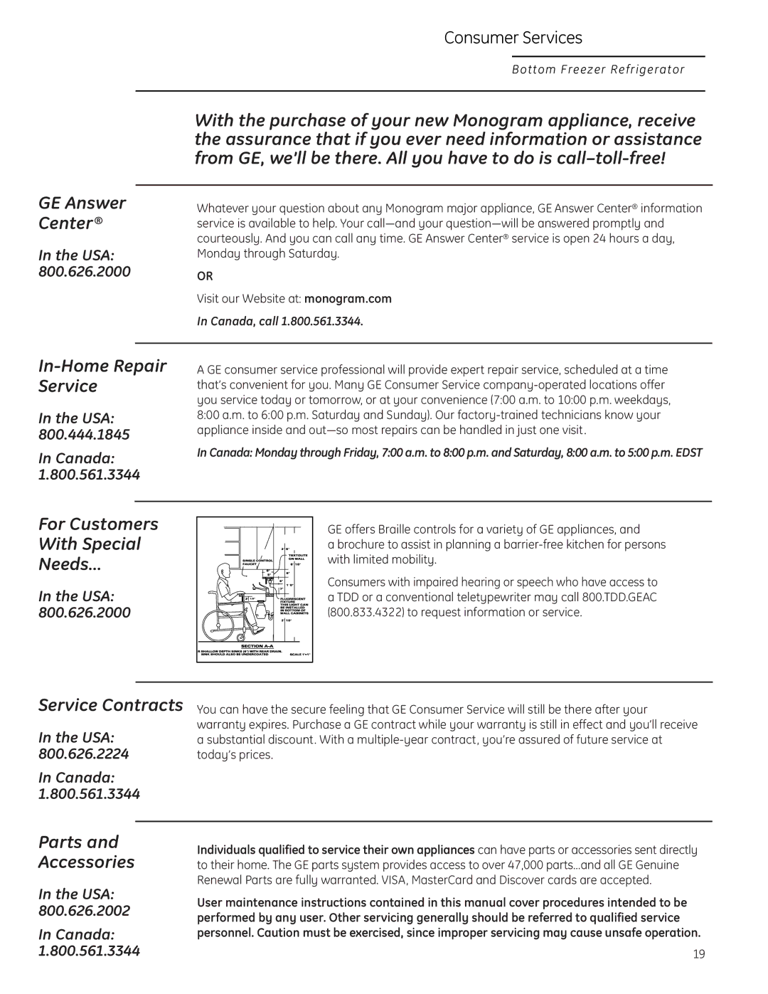 GE Monogram Bottom-Freezer Built-In Refrigerator owner manual Consumer Services 