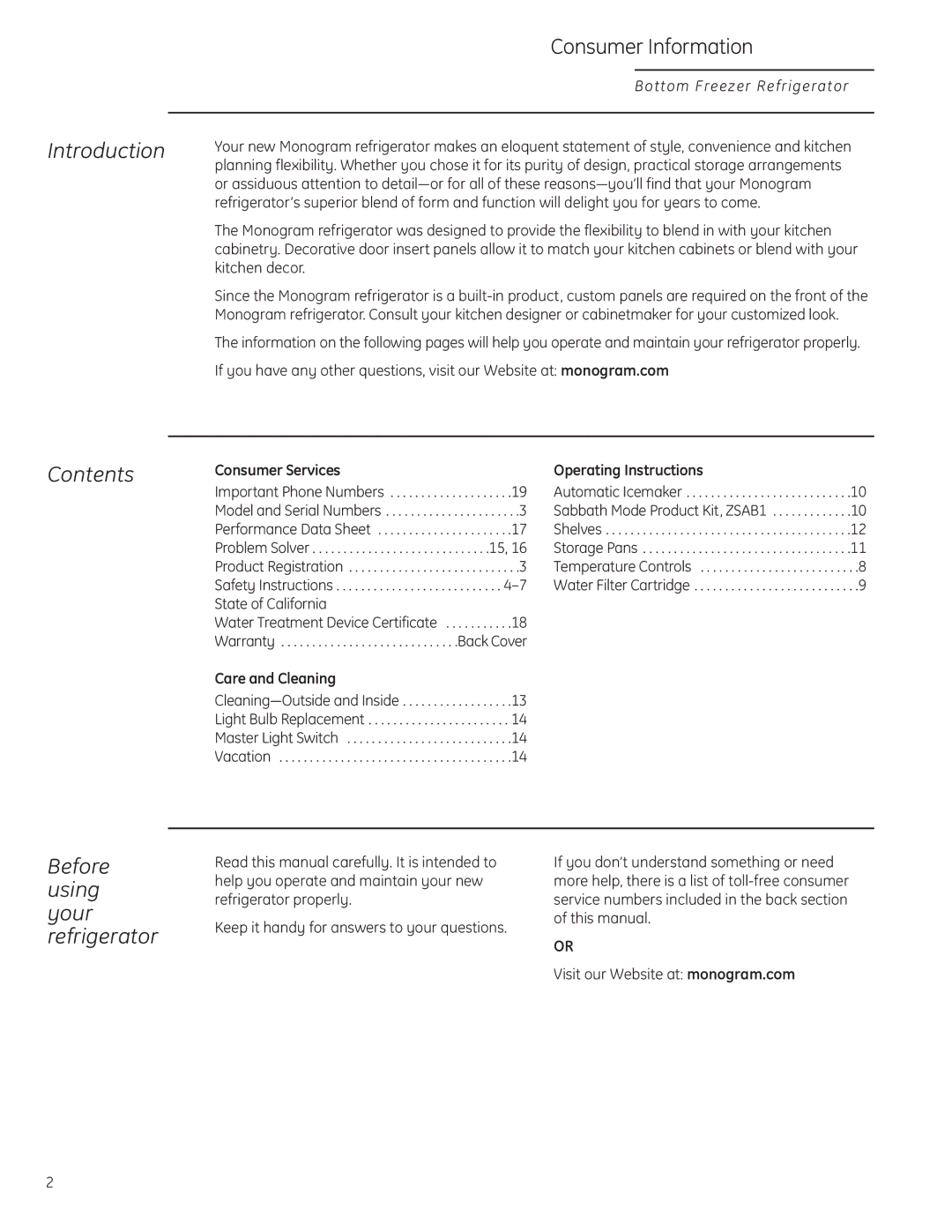 GE Monogram Bottom-Freezer Built-In Refrigerator owner manual Introduction, Contents, Before using your refrigerator 