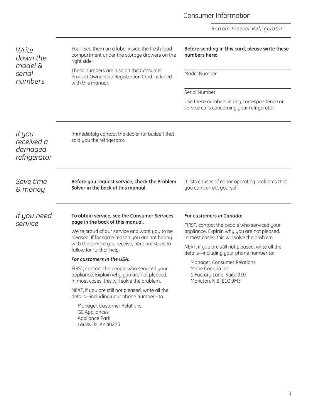 GE Monogram Bottom-Freezer Built-In Refrigerator owner manual Write down the model Consumer Information, Serial numbers 