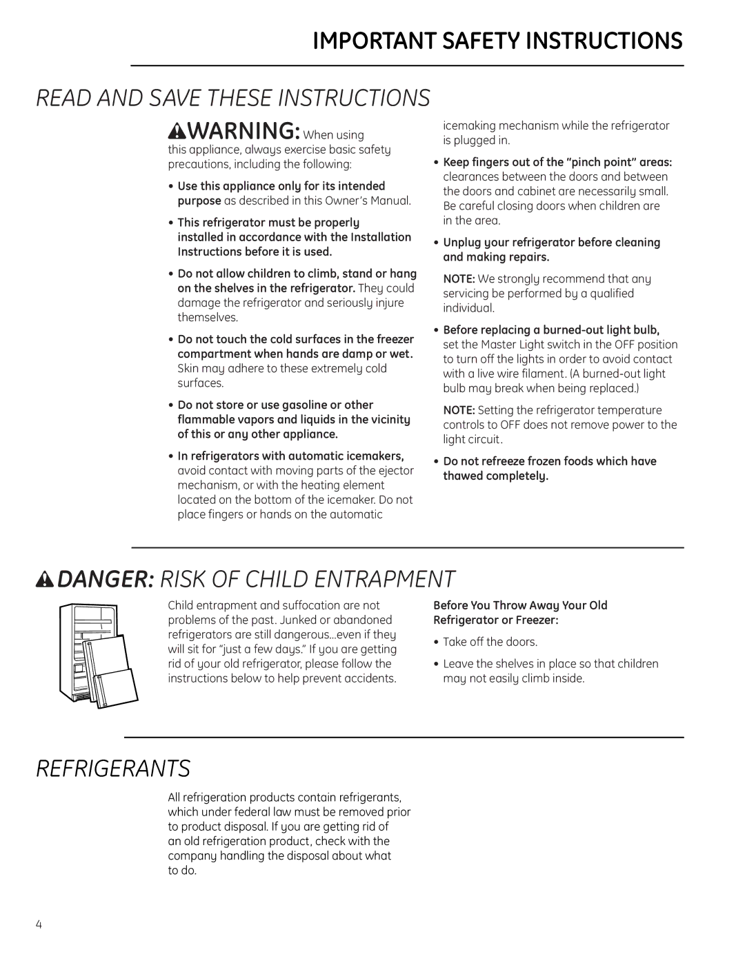 GE Monogram Bottom-Freezer Built-In Refrigerator owner manual Read and Save These Instructions, Refrigerants 