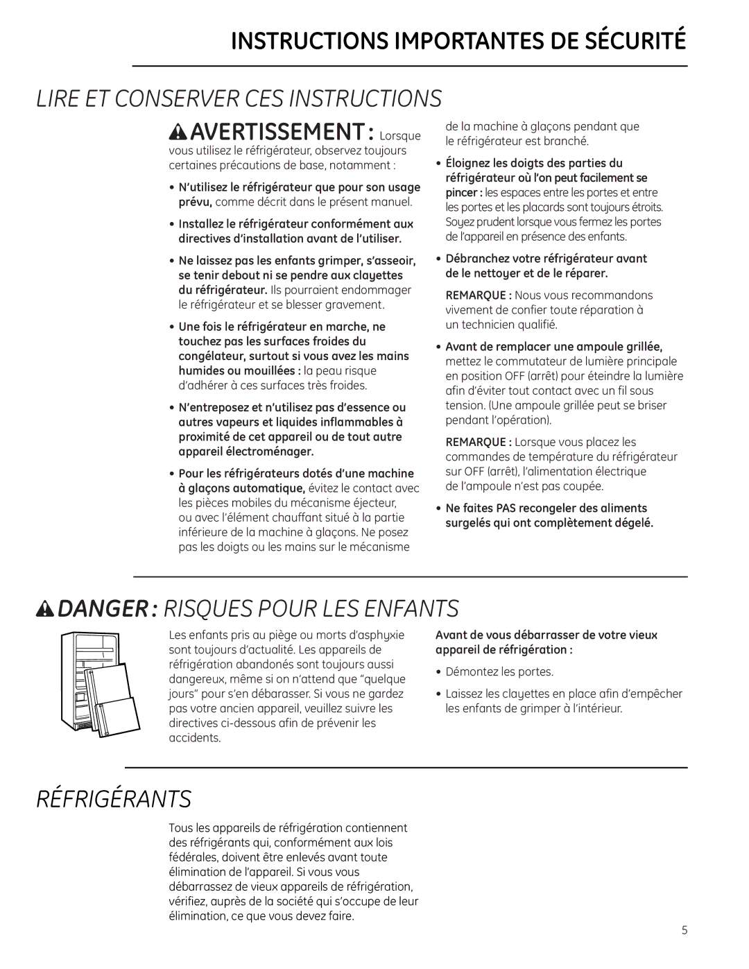 GE Monogram Bottom-Freezer Built-In Refrigerator owner manual Lire ET Conserver CES Instructions, Réfrigérants 