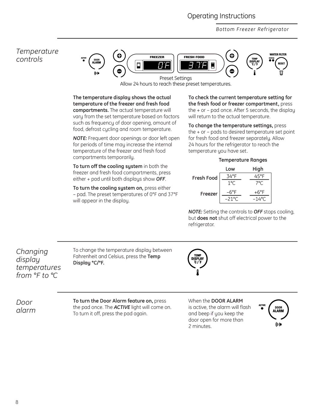 GE Monogram Bottom-Freezer Built-In Refrigerator Operating Instructions, Changing display temperatures from F to C 