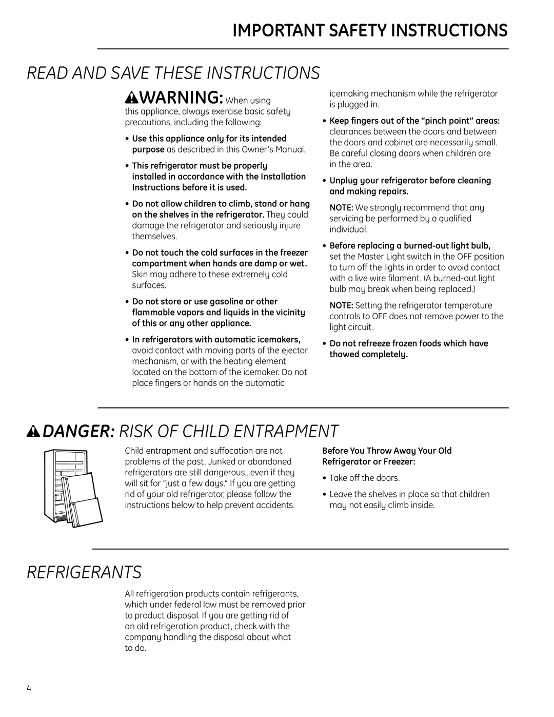 GE Monogram Bottom-Freezer Built-In Refrigerator Important Safety Instructions, Read And Save These Instructions 