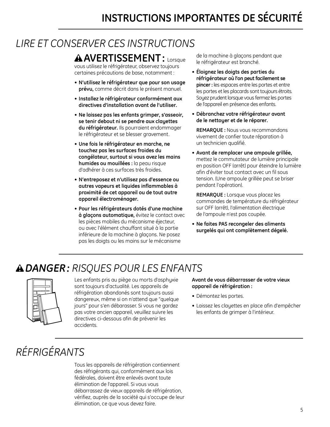 GE Monogram Bottom-Freezer Built-In Refrigerator Instructions Importantes De Sécurité, Lire Et Conserver Ces Instructions 