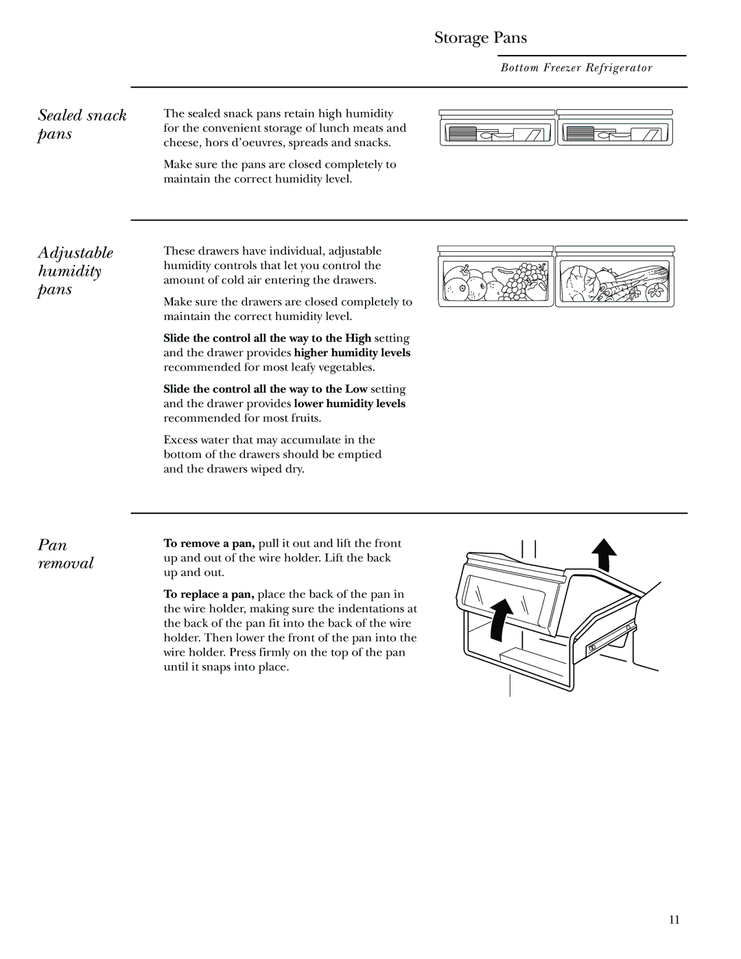 GE Monogram Bottom-Freezer Built-In Refrigerators owner manual Sealed snack pans Adjustable humidity pans Pan removal 
