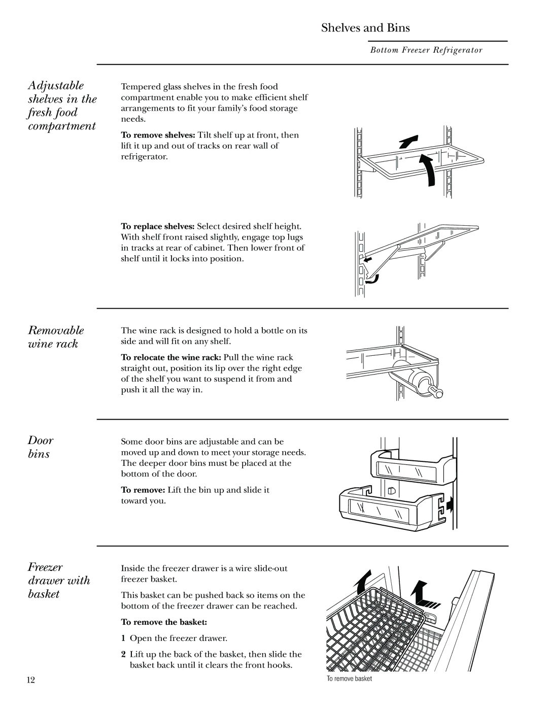GE Monogram Bottom-Freezer Built-In Refrigerators owner manual Door bins Freezer drawer with basket, To remove the basket 