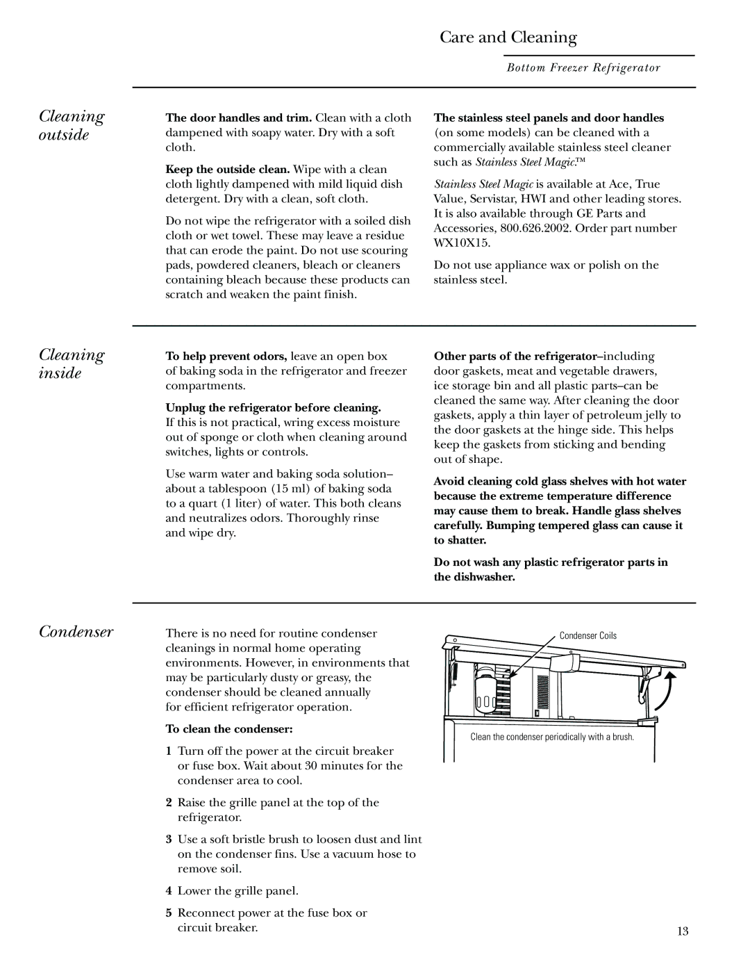 GE Monogram Bottom-Freezer Built-In Refrigerators owner manual Cleaning outside, Cleaning inside, Condenser 