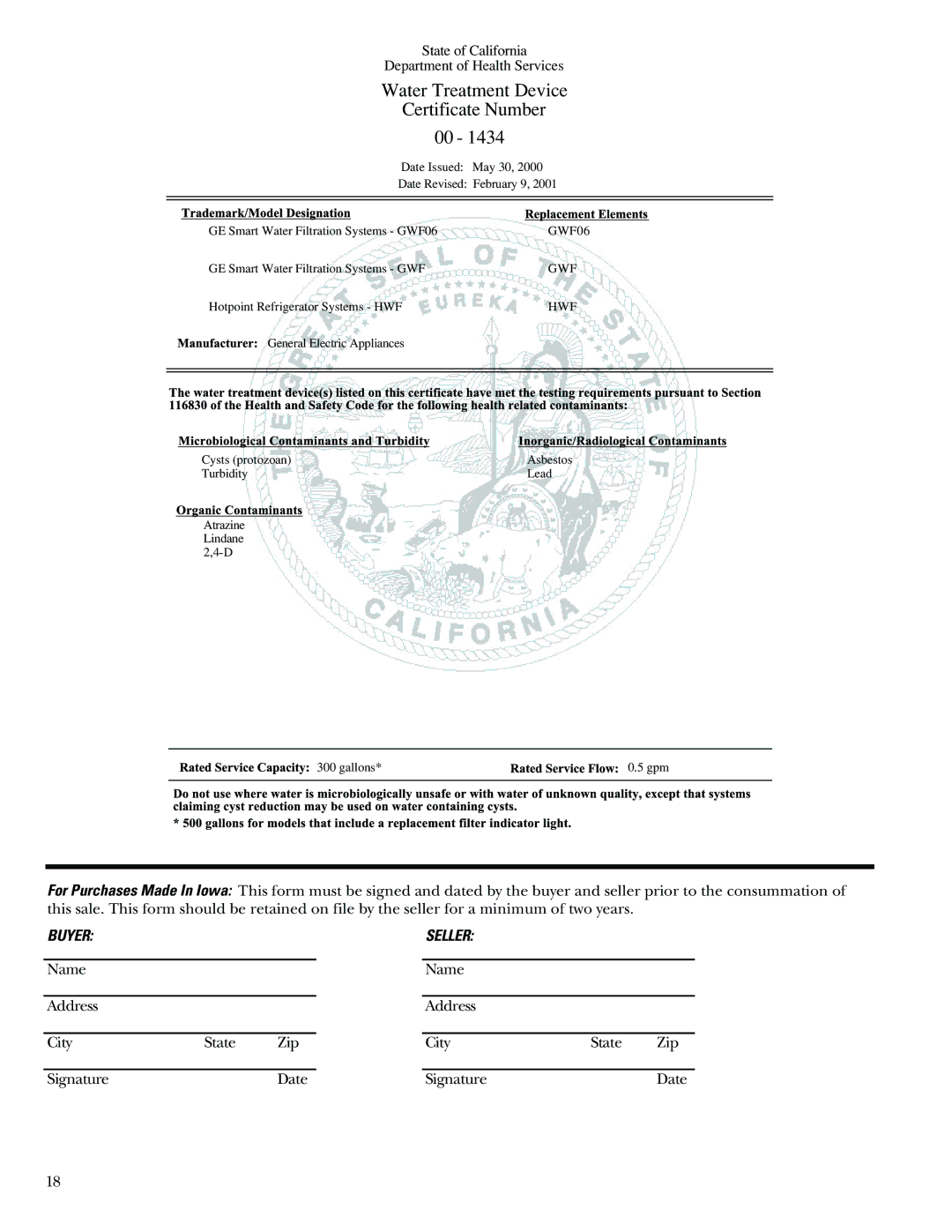 GE Monogram Bottom-Freezer Built-In Refrigerators owner manual Water Treatment Device Certificate Number 