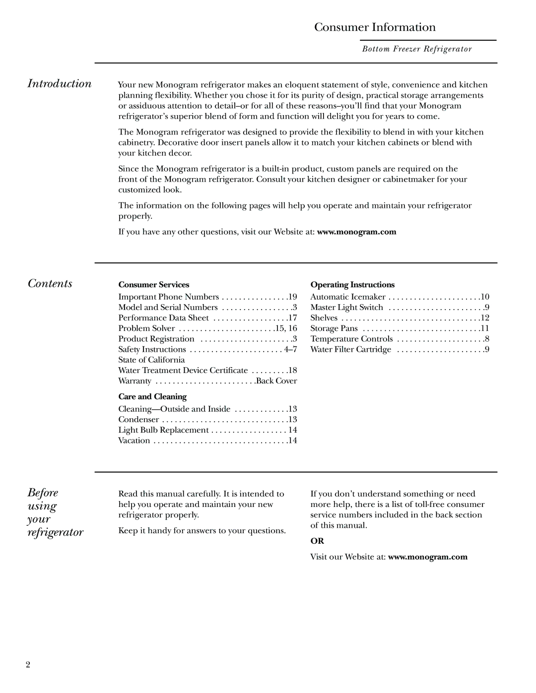 GE Monogram Bottom-Freezer Built-In Refrigerators owner manual Introduction, Contents, Before using your refrigerator 