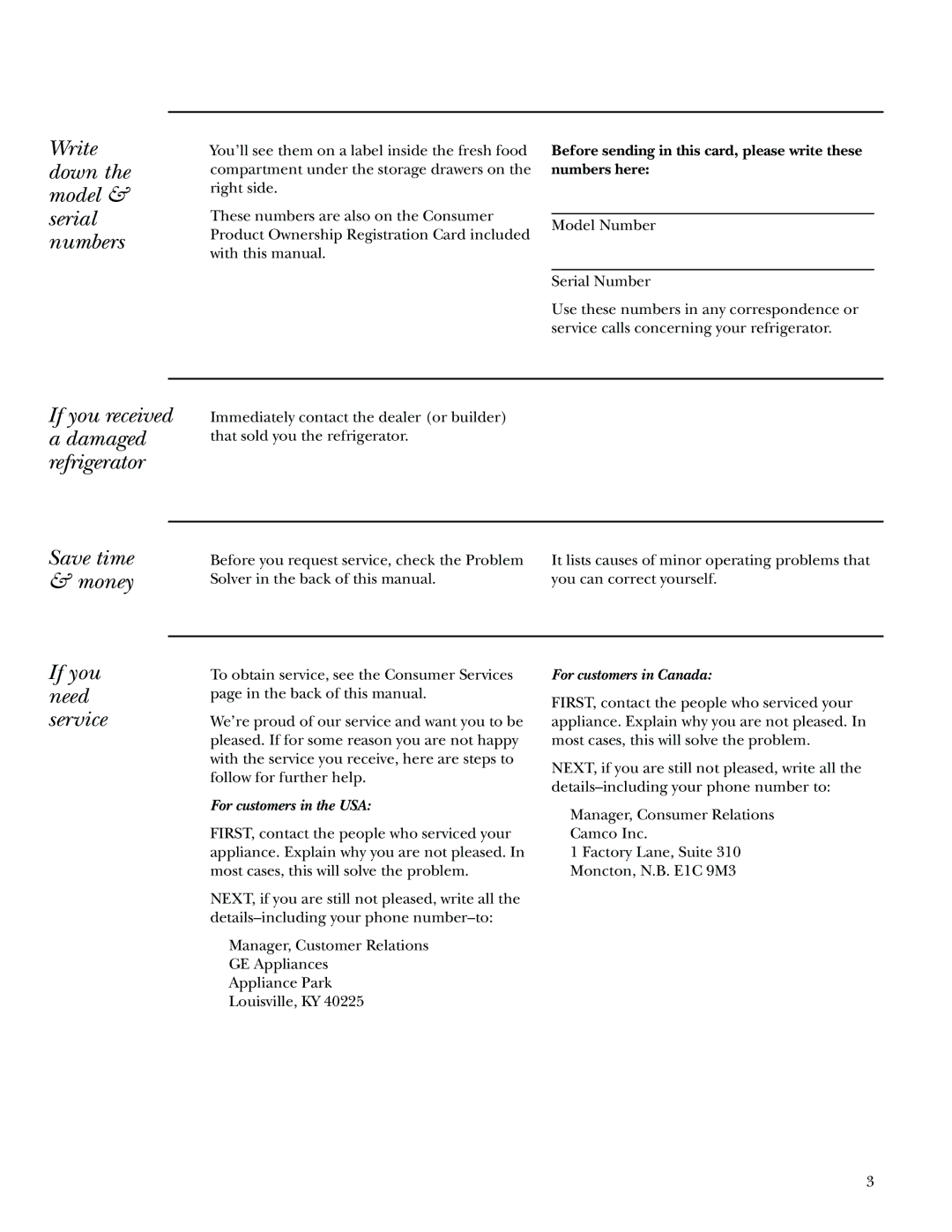 GE Monogram Bottom-Freezer Built-In Refrigerators owner manual Write down the model & serial numbers, Save time & money 