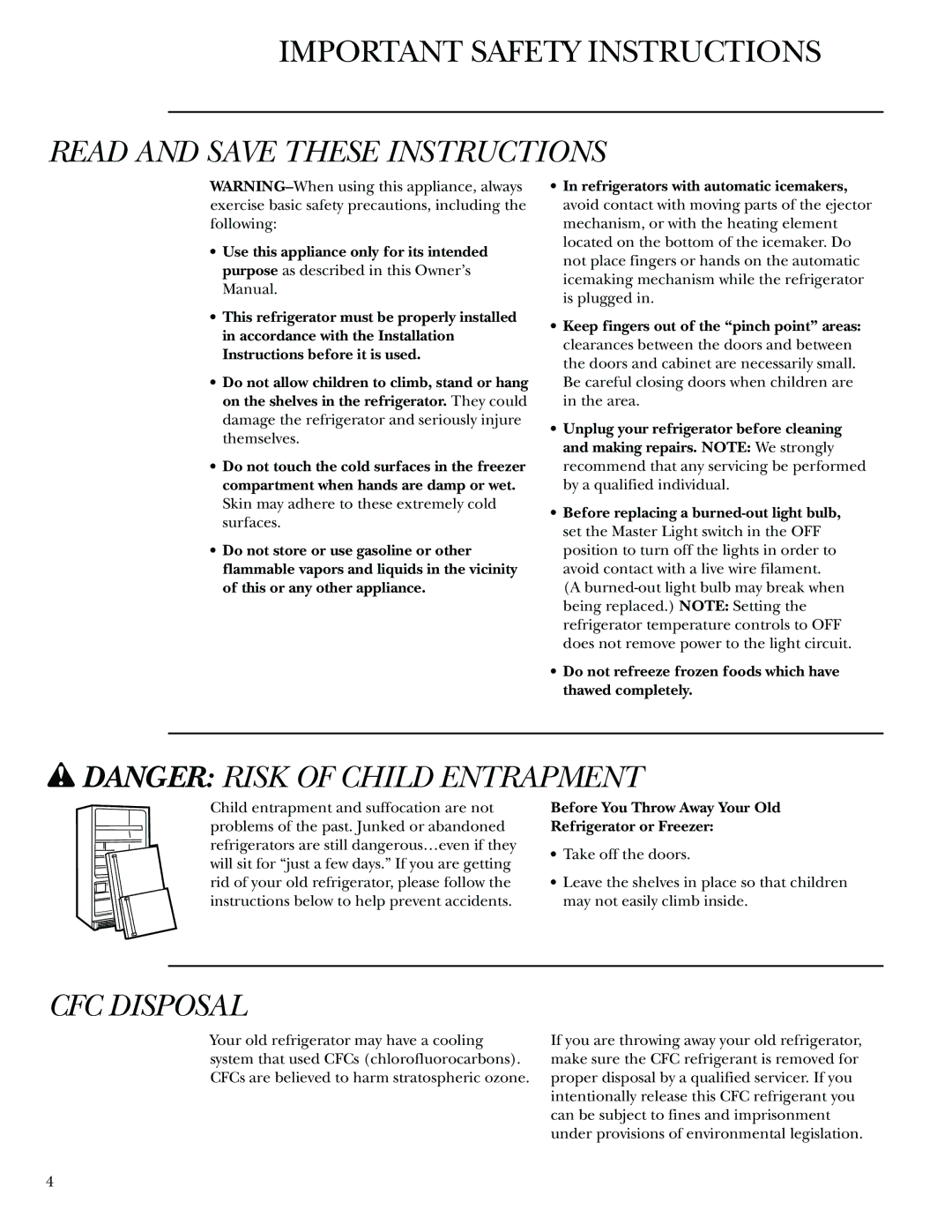 GE Monogram Bottom-Freezer Built-In Refrigerators owner manual Read and Save These Instructions, CFC Disposal 