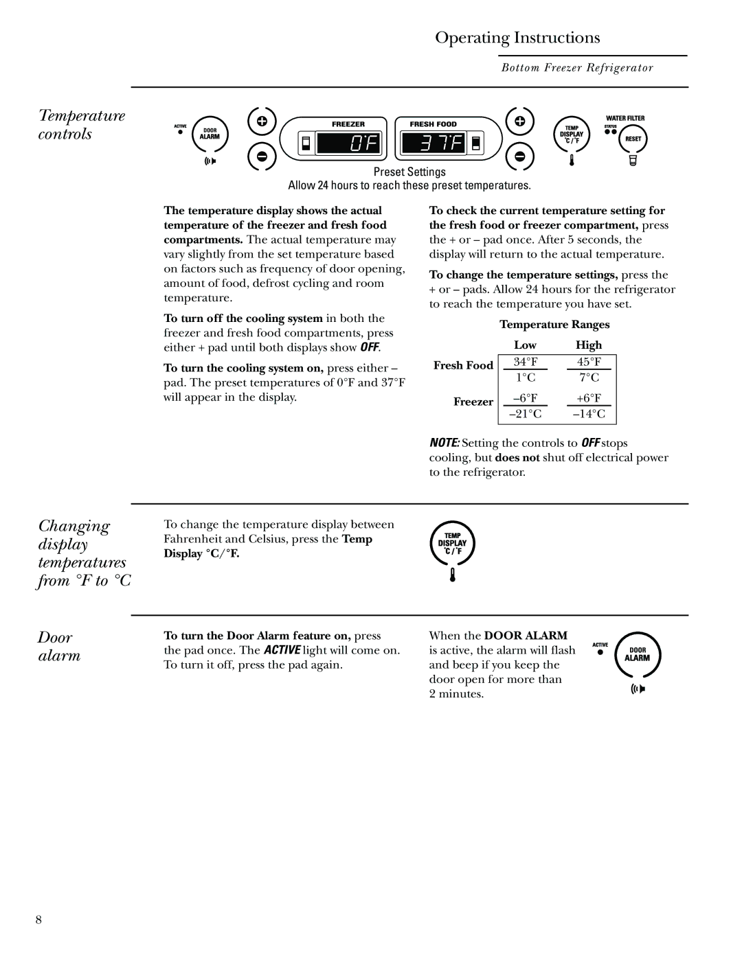 GE Monogram Bottom-Freezer Built-In Refrigerators Temperature controls, Door alarm, Temperature Ranges Low High Fresh Food 