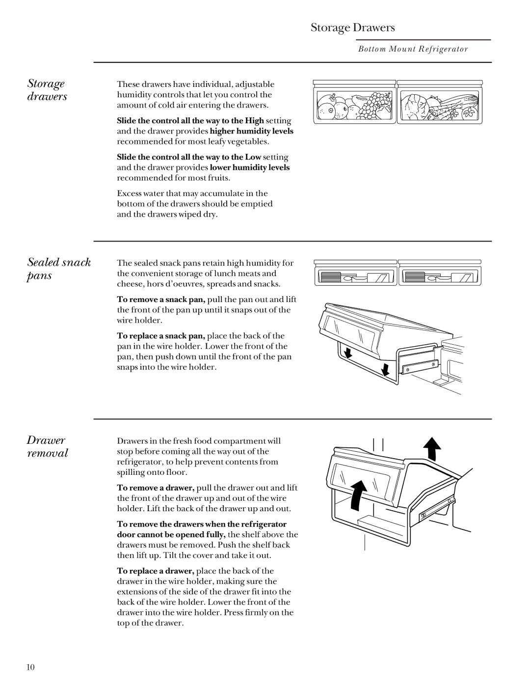 GE Monogram Bottom Mount Built-In Refrigerators manual Storage drawers Sealed snack pans Drawer removal, Storage Drawers 