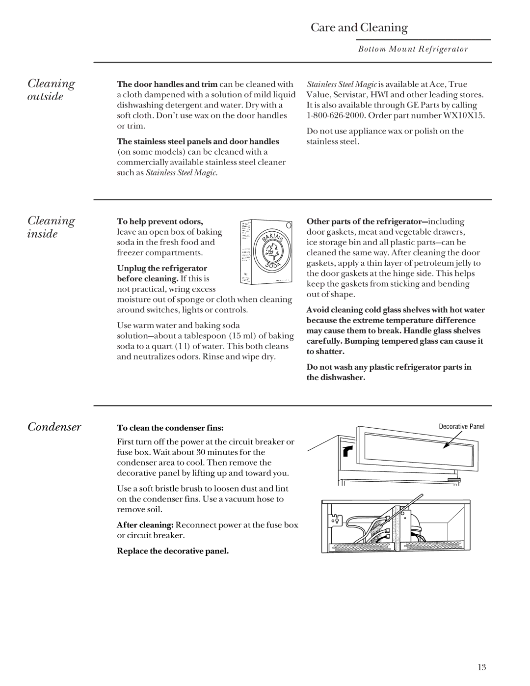 GE Monogram Bottom Mount Built-In Refrigerators manual Care and Cleaning, Cleaning outside, Cleaning inside, Condenser 