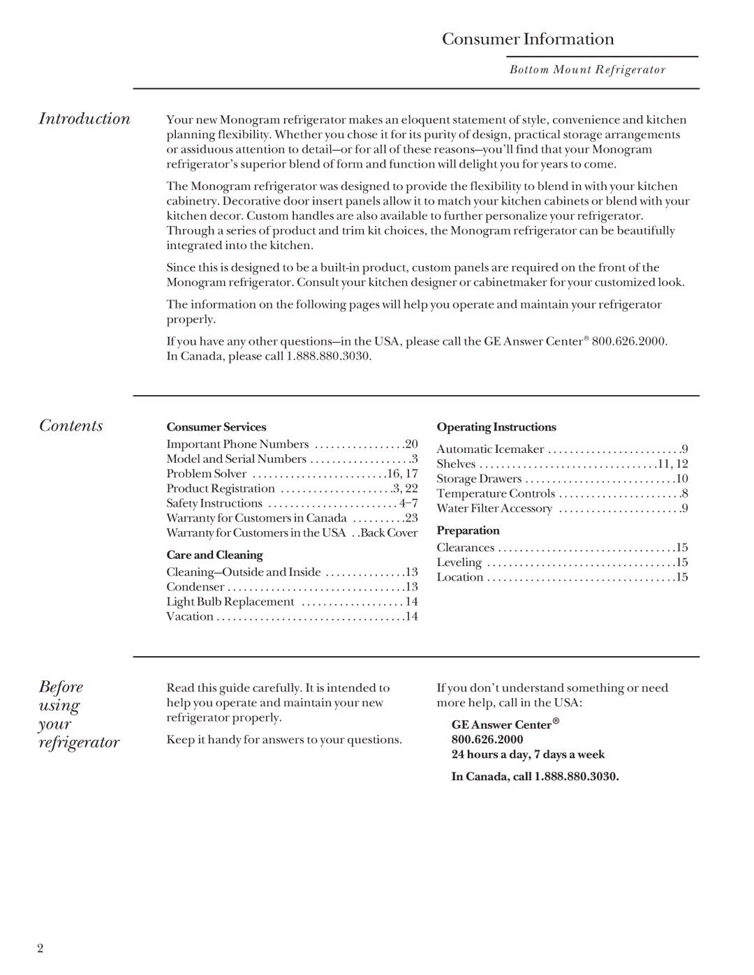 GE Monogram Bottom Mount Built-In Refrigerators manual Introduction, Contents, Before using your refrigerator 