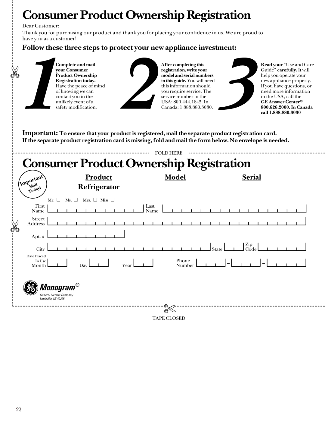 GE Monogram Bottom Mount Built-In Refrigerators Consumer Product Ownership Registration, Product Model Serial Refrigerator 