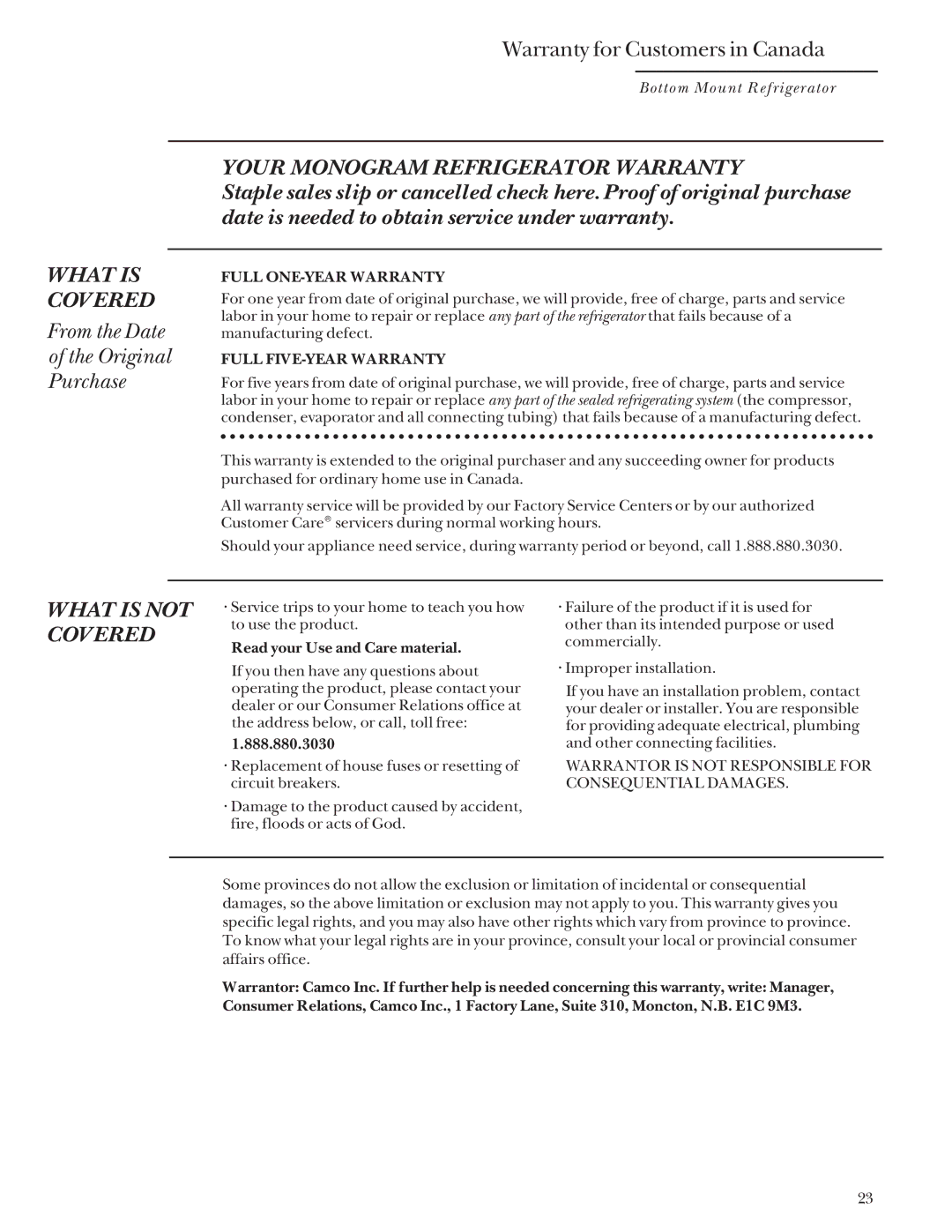 GE Monogram Bottom Mount Built-In Refrigerators manual From the Date Original Purchase, Warranty for Customers in Canada 