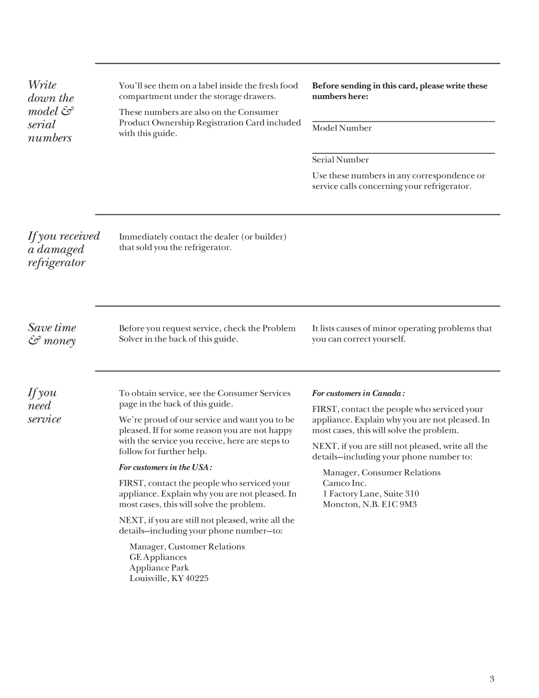 GE Monogram Bottom Mount Built-In Refrigerators manual Write down the model & serial numbers, Save time & money 