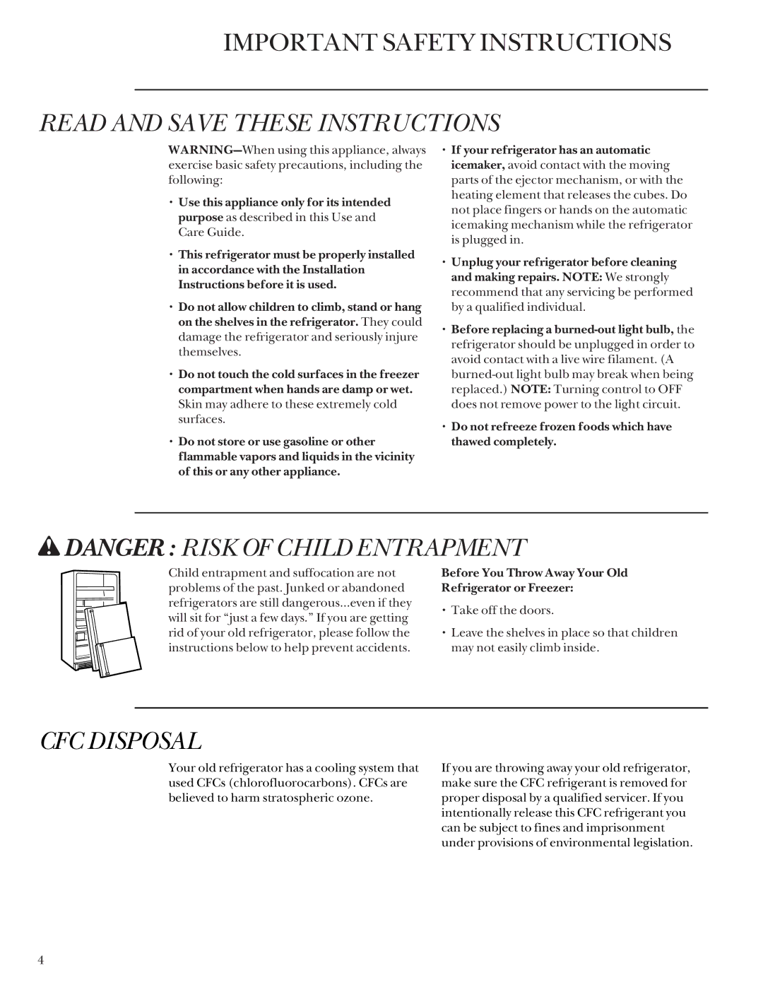 GE Monogram Bottom Mount Built-In Refrigerators manual Read and Save These Instructions, CFC Disposal 