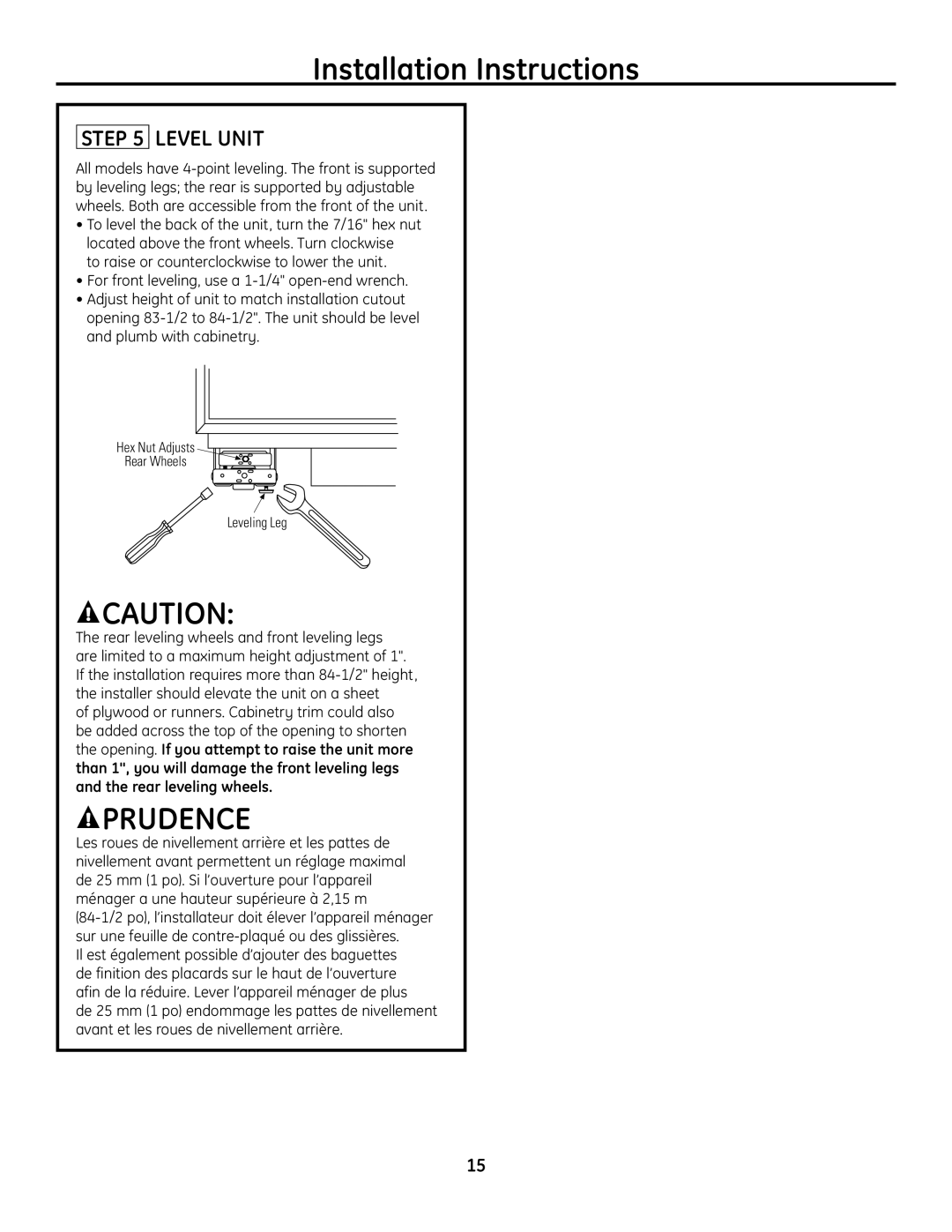 GE Monogram Built-In All-Refrigerator/Freezer installation instructions Level Unit 