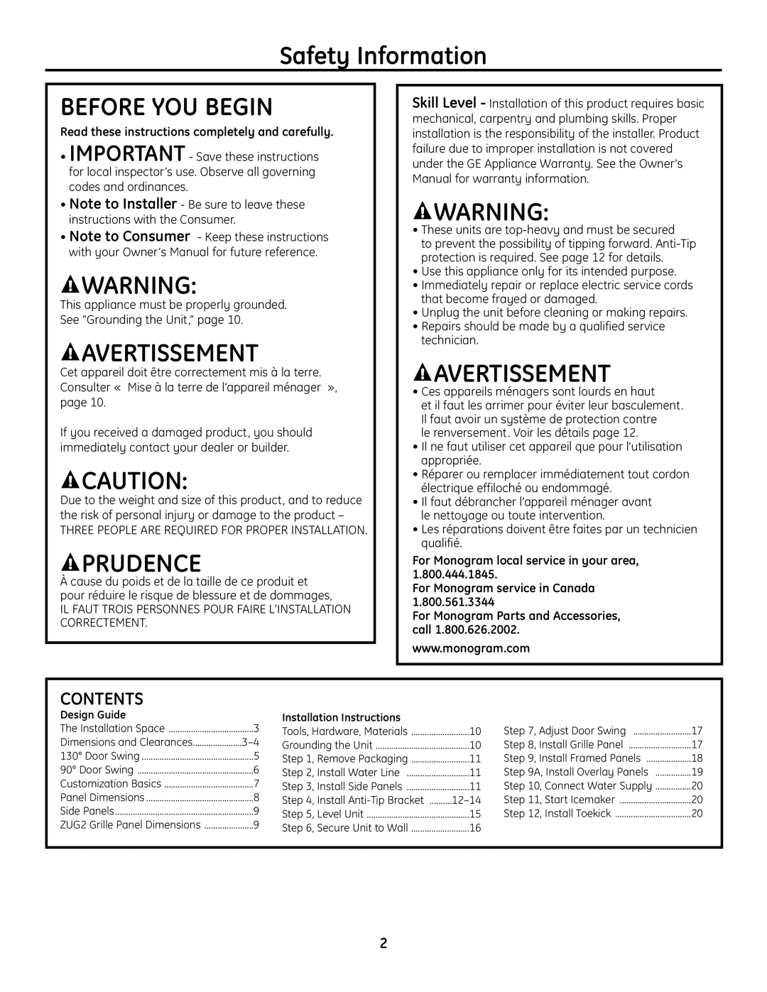 GE Monogram Built-In All-Refrigerator/Freezer installation instructions Before YOU Begin, Contents 