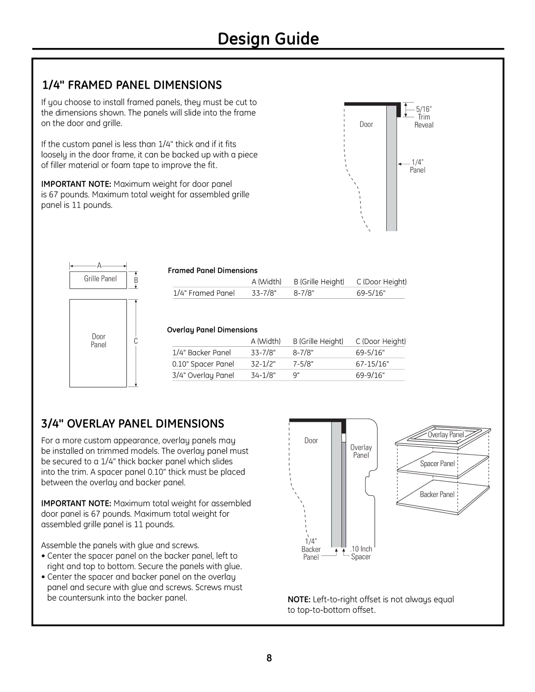 GE Monogram Built-In All-Refrigerator/Freezer installation instructions Framed Panel Dimensions, Overlay Panel Dimensions 