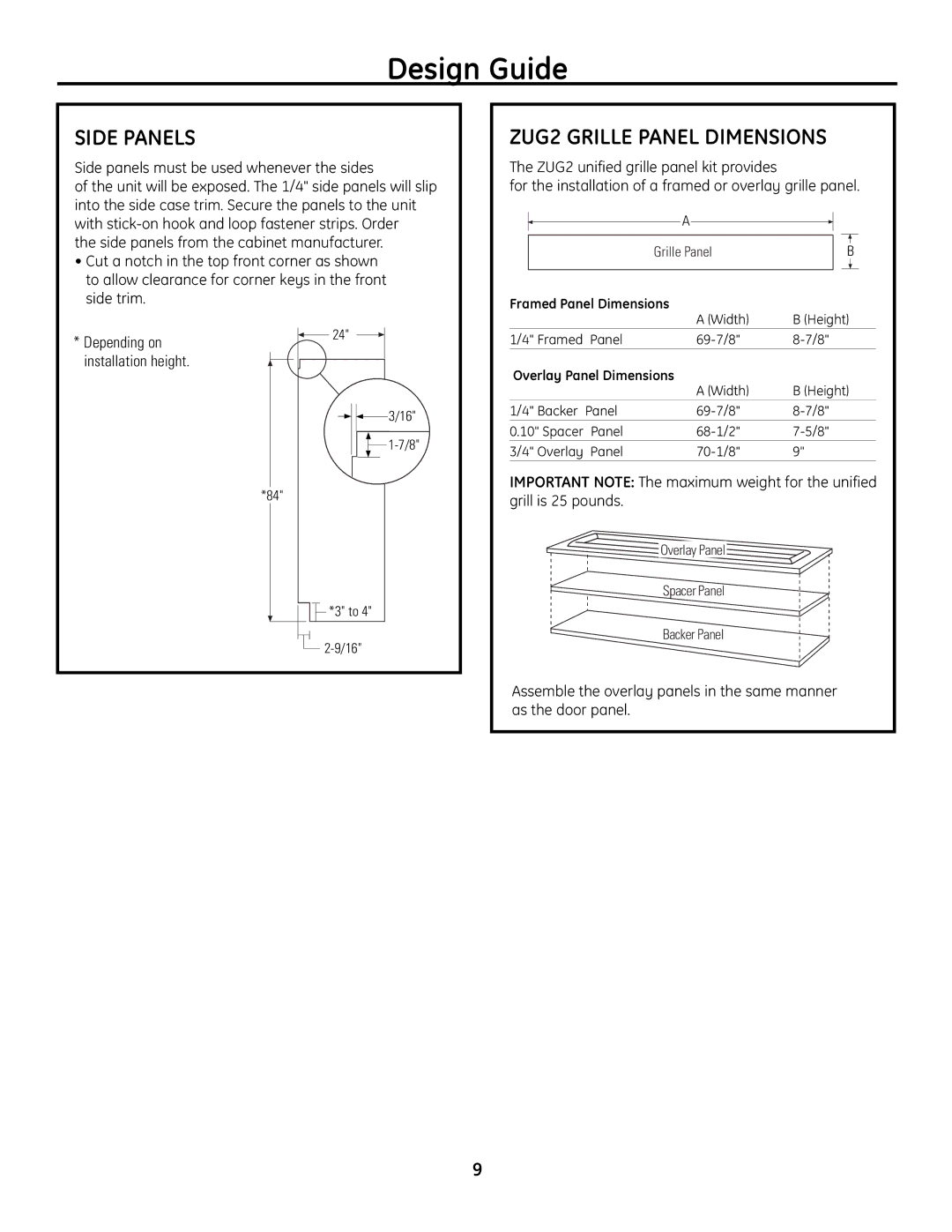 GE Monogram Built-In All-Refrigerator/Freezer installation instructions Side Panels, ZUG2 Grille Panel Dimensions 