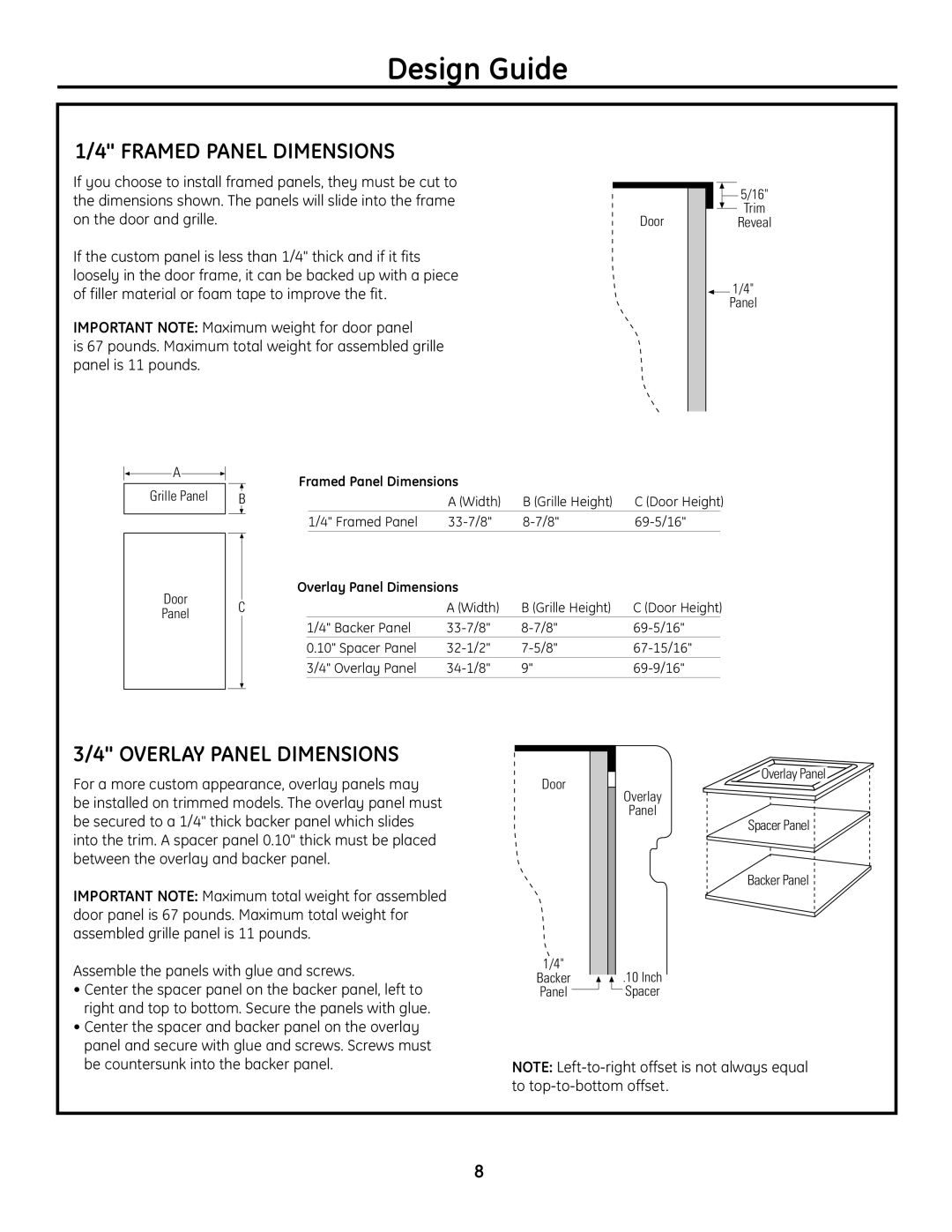 GE Monogram Built-In All-Refrigerator/Freezer 1/4 FRAMED PANEL DIMENSIONS, 3/4 OVERLAY PANEL DIMENSIONS, Design Guide 