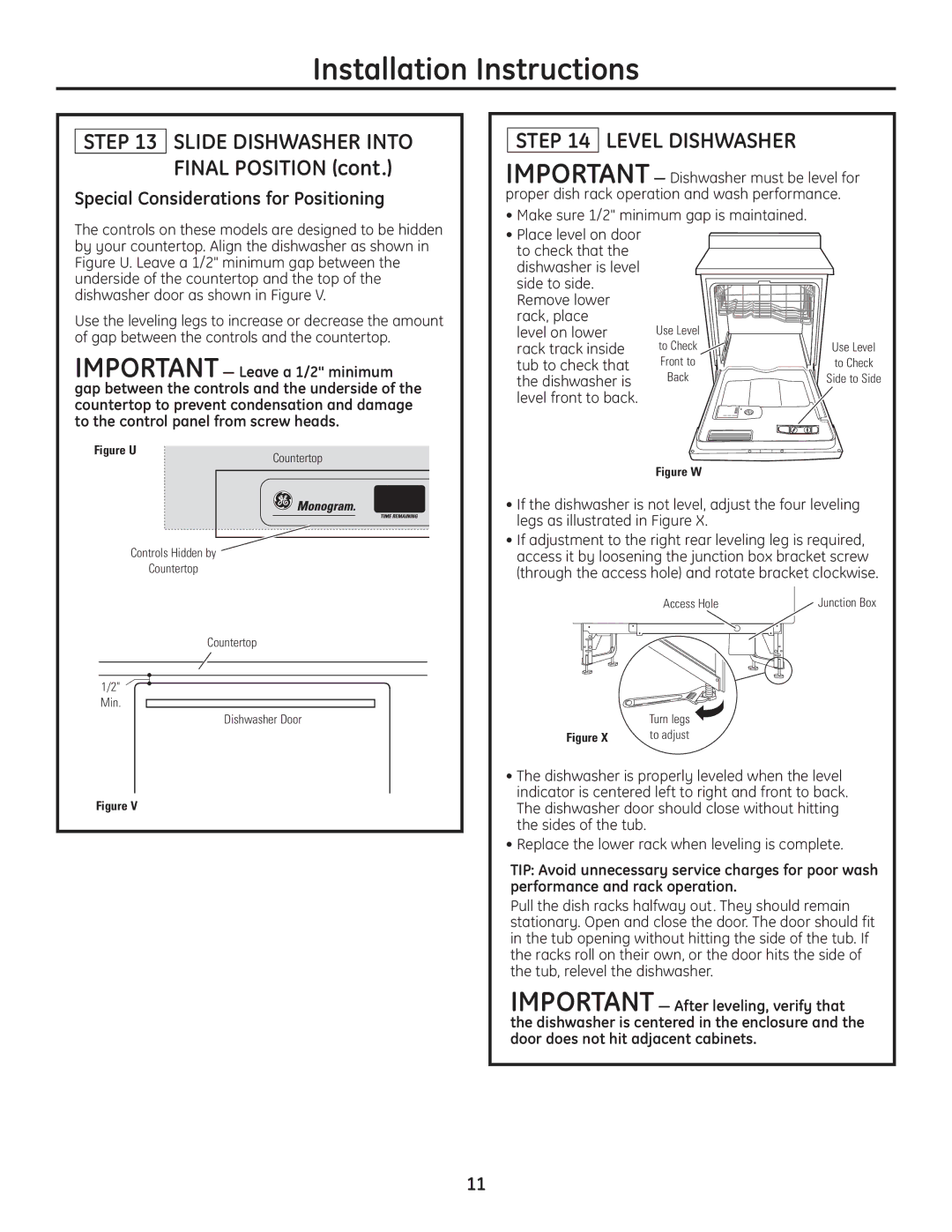 GE Monogram Built-In Dishwashers installation instructions Level Dishwasher, Special Considerations for Positioning 