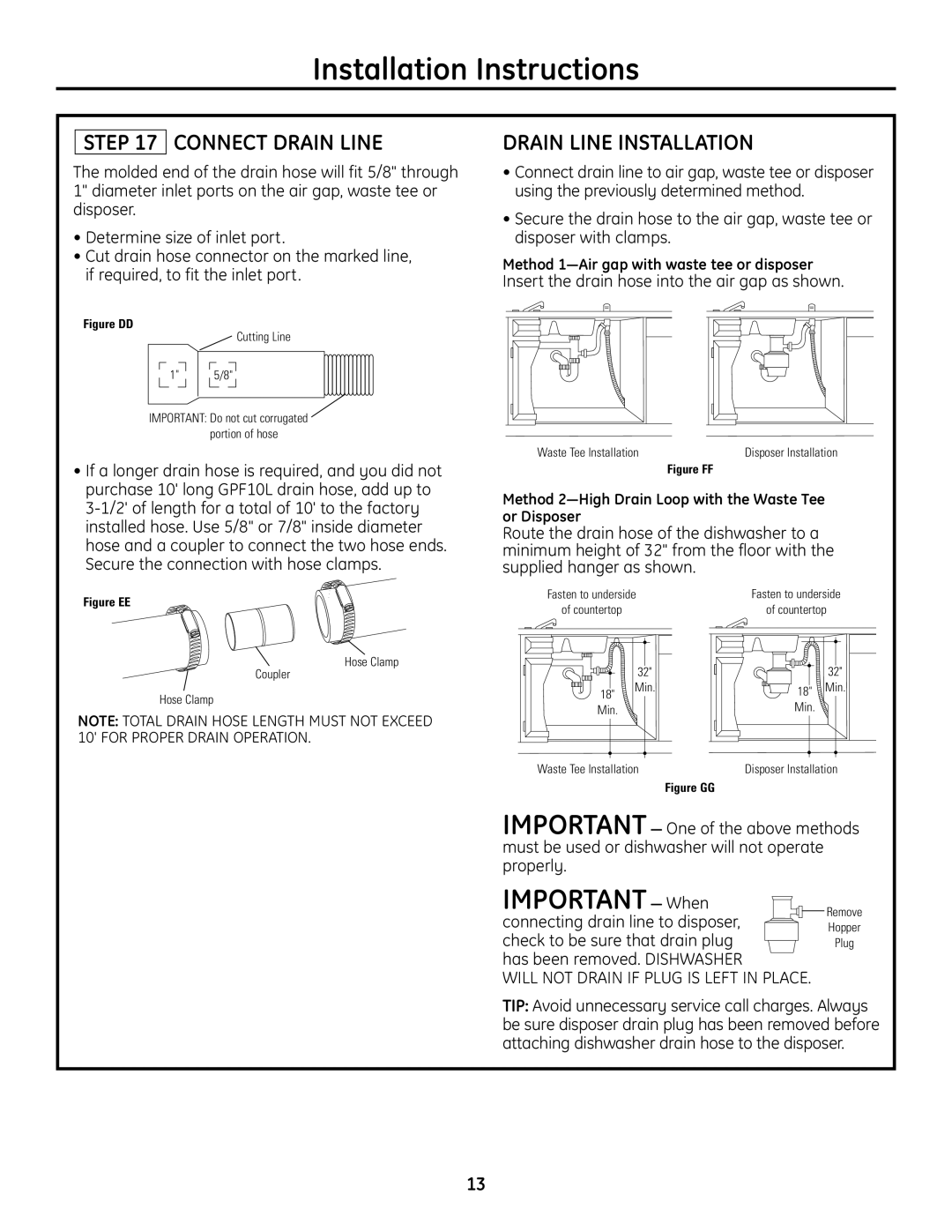 GE Monogram Built-In Dishwashers Connect Drain Line, Drain Line Installation, Check to be sure that drain plug 