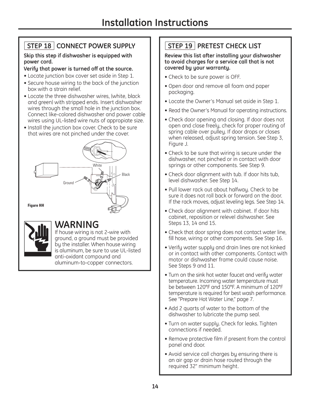 GE Monogram Built-In Dishwashers installation instructions Connect Power Supply, Pretest Check List, See Steps 9 