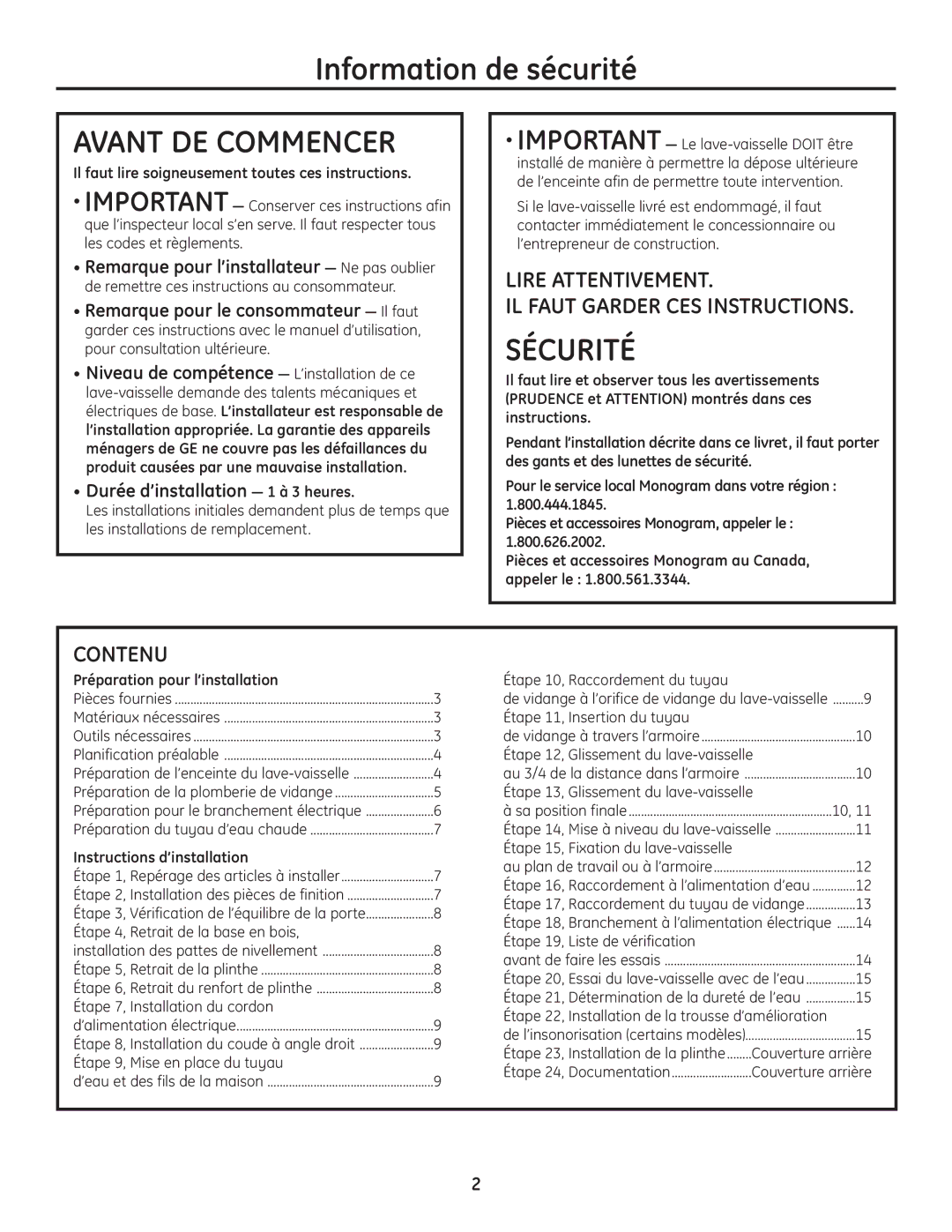 GE Monogram Built-In Dishwashers Information de sécurité, Lire Attentivement IL Faut Garder CES Instructions, Contenu 