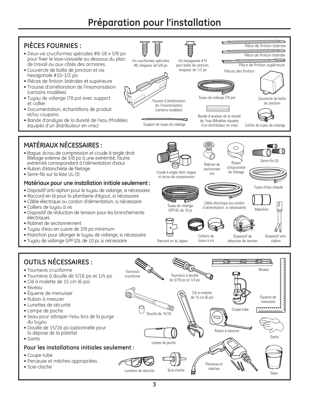 GE Monogram Built-In Dishwashers Préparation pour l’installation, Pièces Fournies, Matériaux Nécessaires 