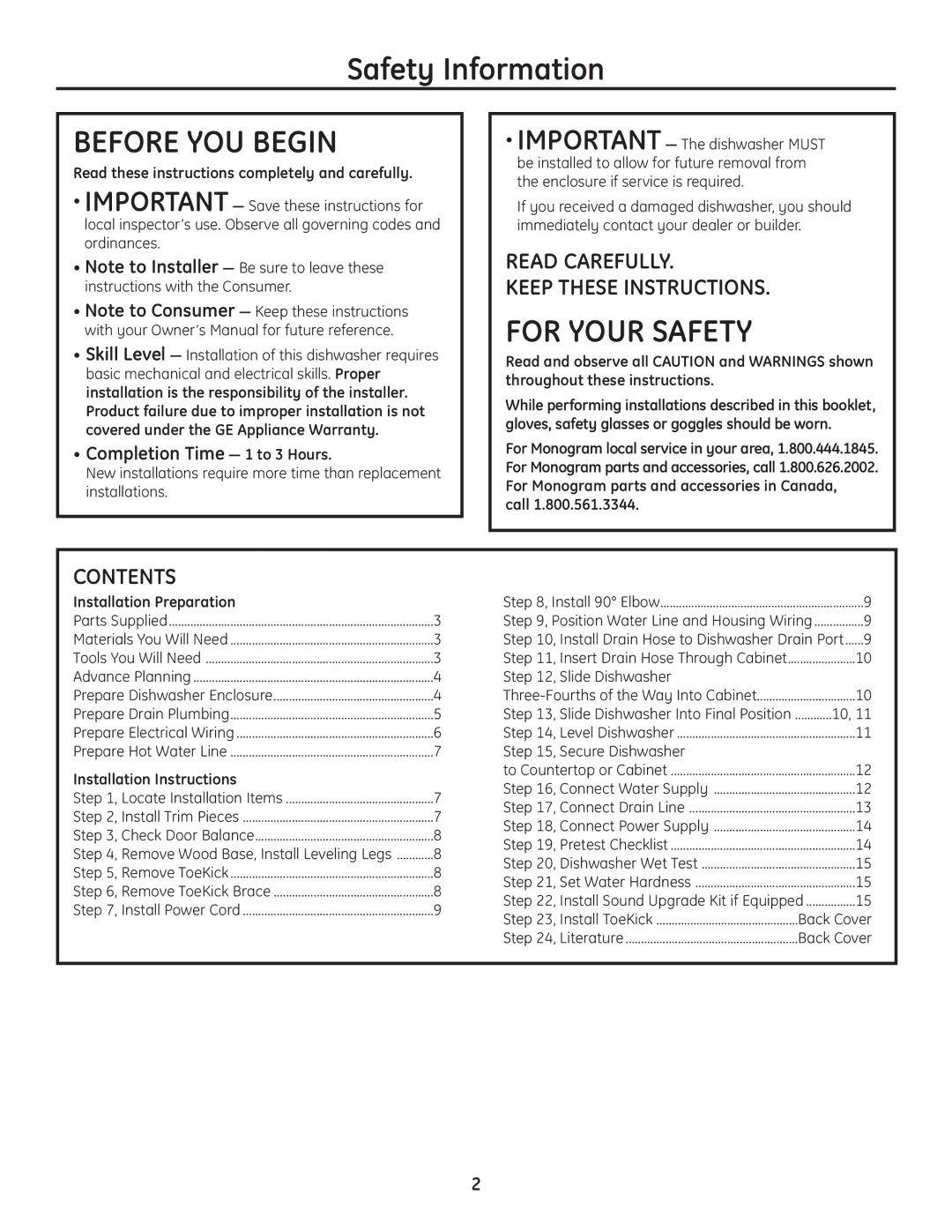 GE Monogram Built-In Dishwashers Safety Information, Read Carefully Keep These Instructions, Contents 