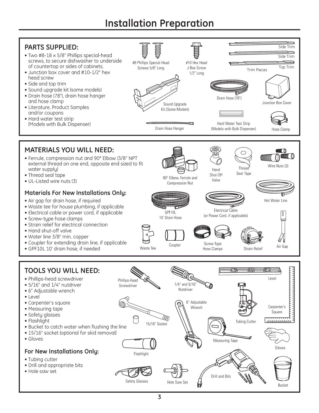 GE Monogram Built-In Dishwashers Installation Preparation, Parts Supplied, Materials YOU will Need, Tools YOU will Need 