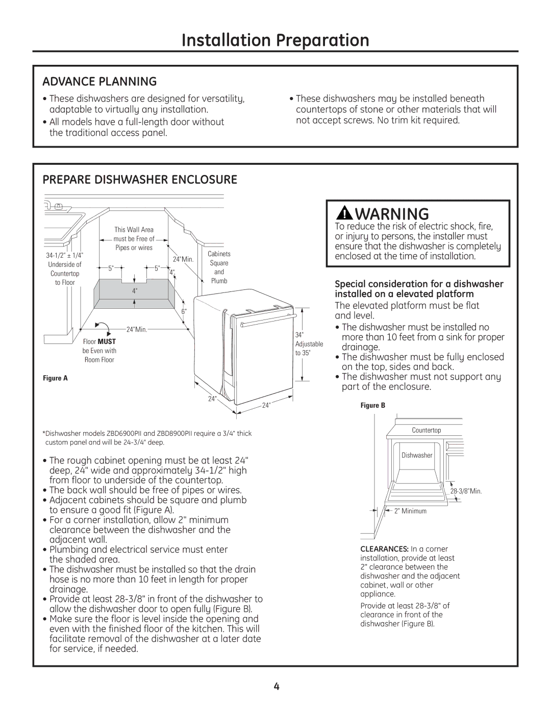 GE Monogram Built-In Dishwashers installation instructions Advance Planning, Prepare Dishwasher Enclosure 