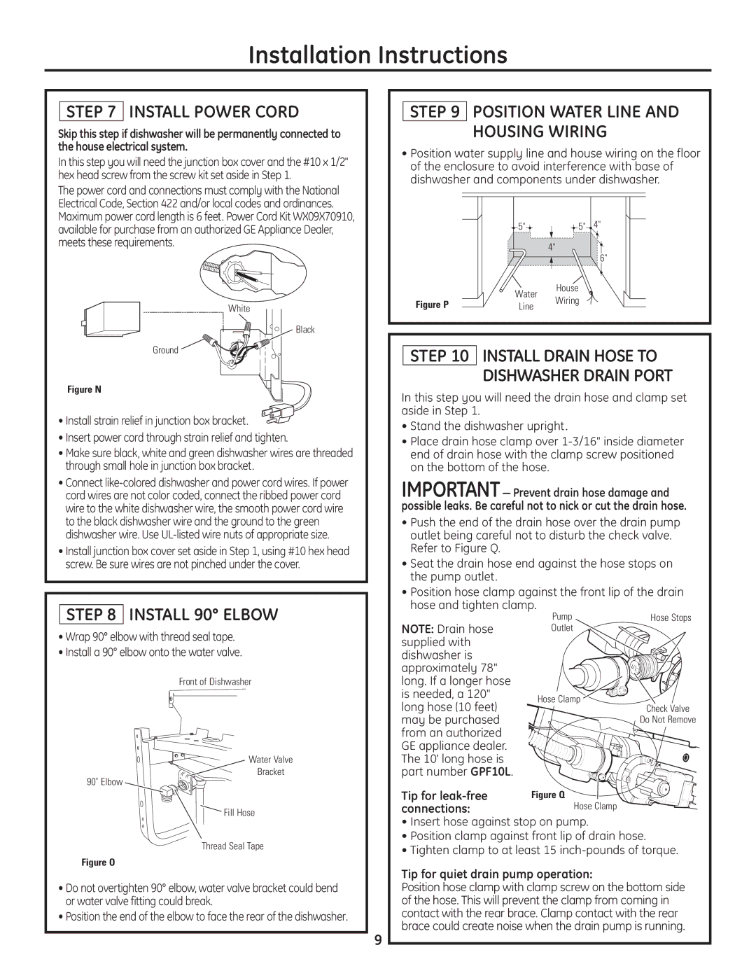 GE Monogram Built-In Dishwashers Install Power Cord, Position Water Line Housing Wiring, Install 90 Elbow 