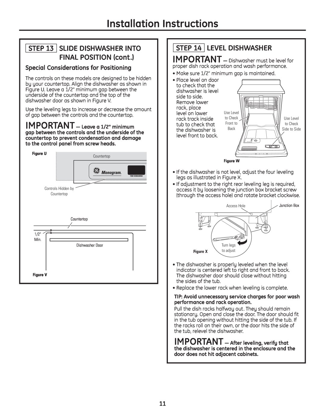 GE Monogram Built-In Dishwashers Level Dishwasher, SLIDE DISHWASHER INTO FINAL POSITION cont, Installation Instructions 