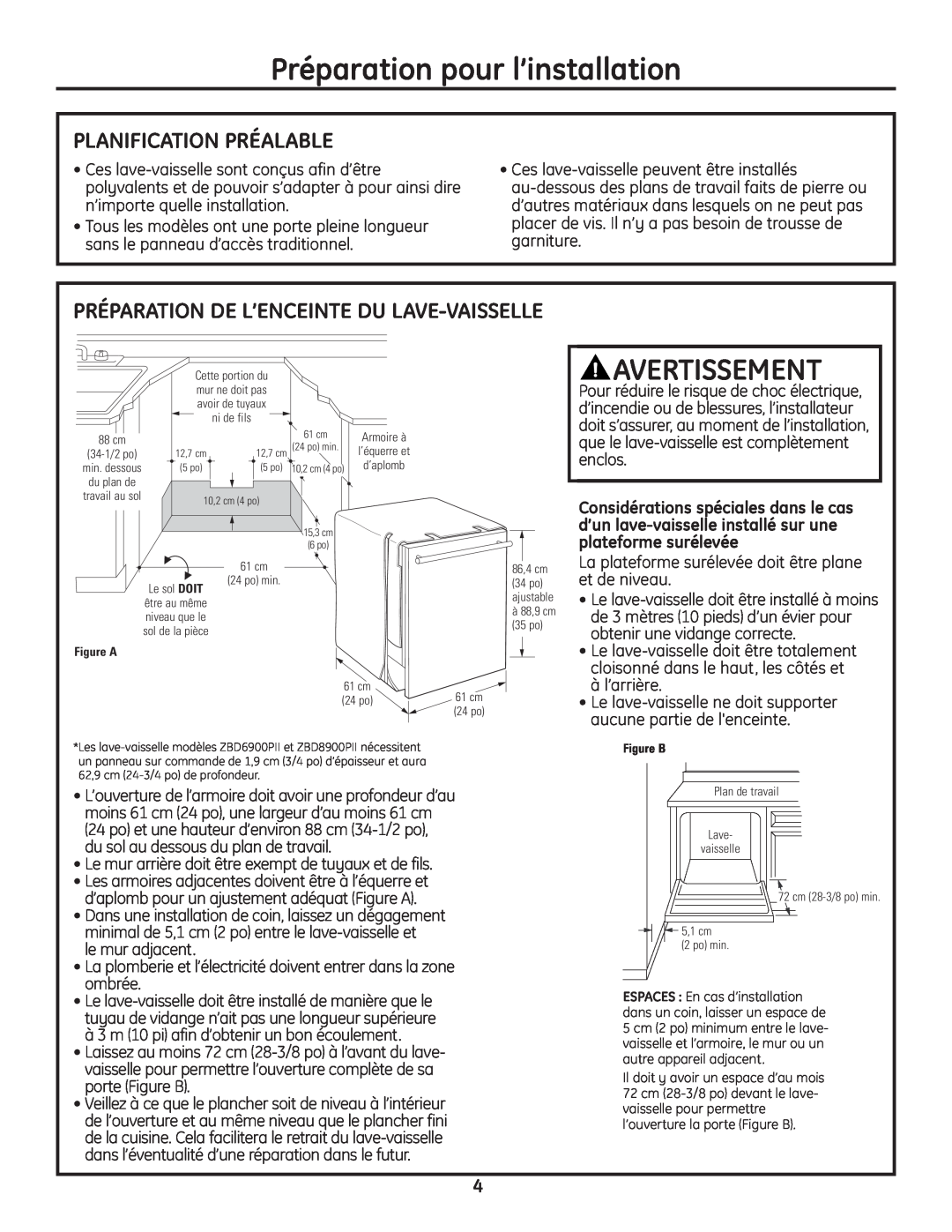 GE Monogram Built-In Dishwashers Planification Préalable, Préparation De L’Enceinte Du Lave-Vaisselle, Avertissement 