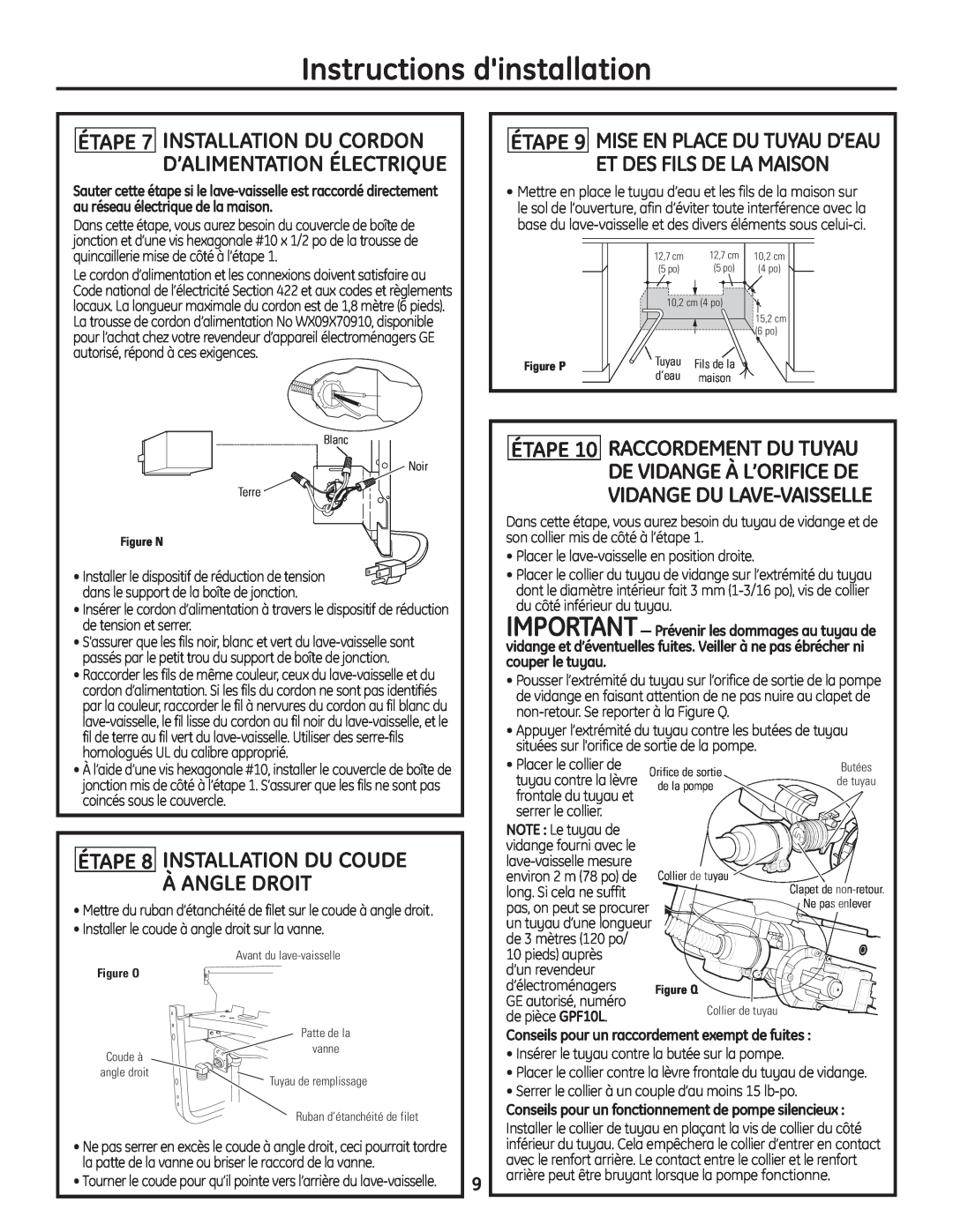 GE Monogram Built-In Dishwashers Instructions dinstallation, Et Des Fils De La Maison, ÉTAPE 10 RACCORDEMENT DU TUYAU 