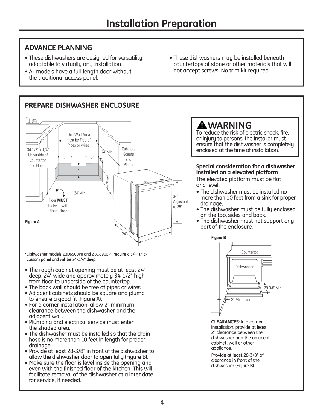 GE Monogram Built-In Dishwashers Advance Planning, Prepare Dishwasher Enclosure, Installation Preparation 
