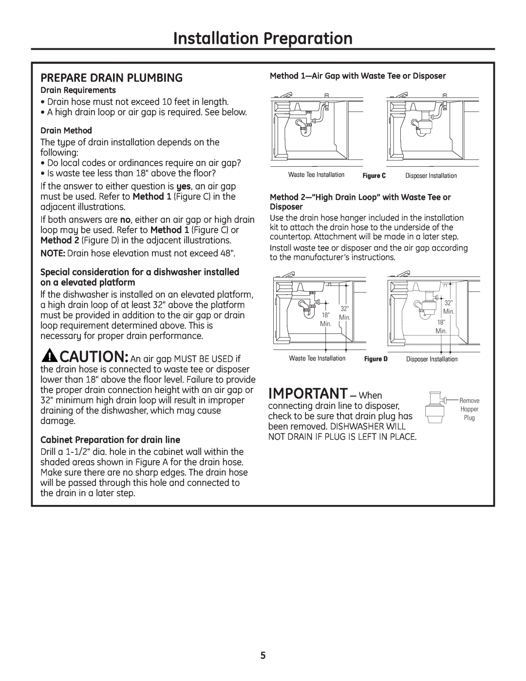 GE Monogram Built-In Dishwashers IMPORTANT- When, Prepare Drain Plumbing, Cabinet Preparation for drain line 