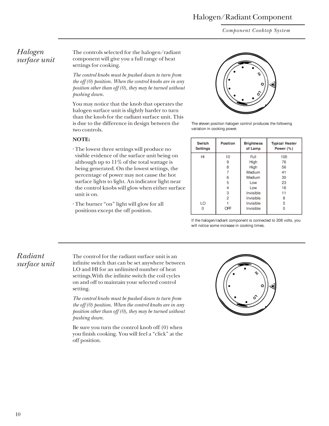 GE Monogram Component Cooktop System manual Halogen surface unit, Radiant surface unit 