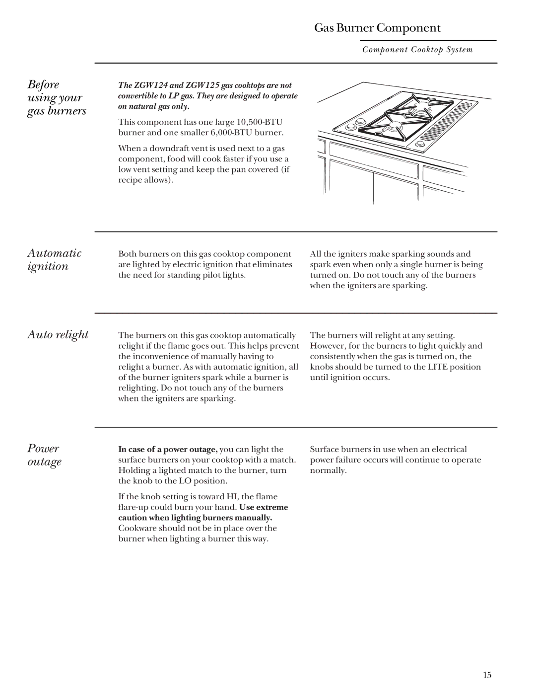 GE Monogram Component Cooktop System manual Before using your gas burners, Automatic ignition, Auto relight, Power outage 